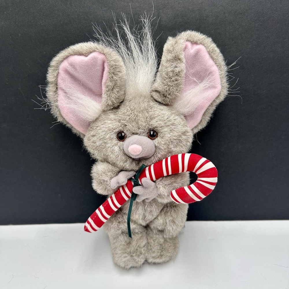 VTG Heartline Mouse with Candy Cane Plush 8.5" Jointed Legs Stuffed Animal 1987
